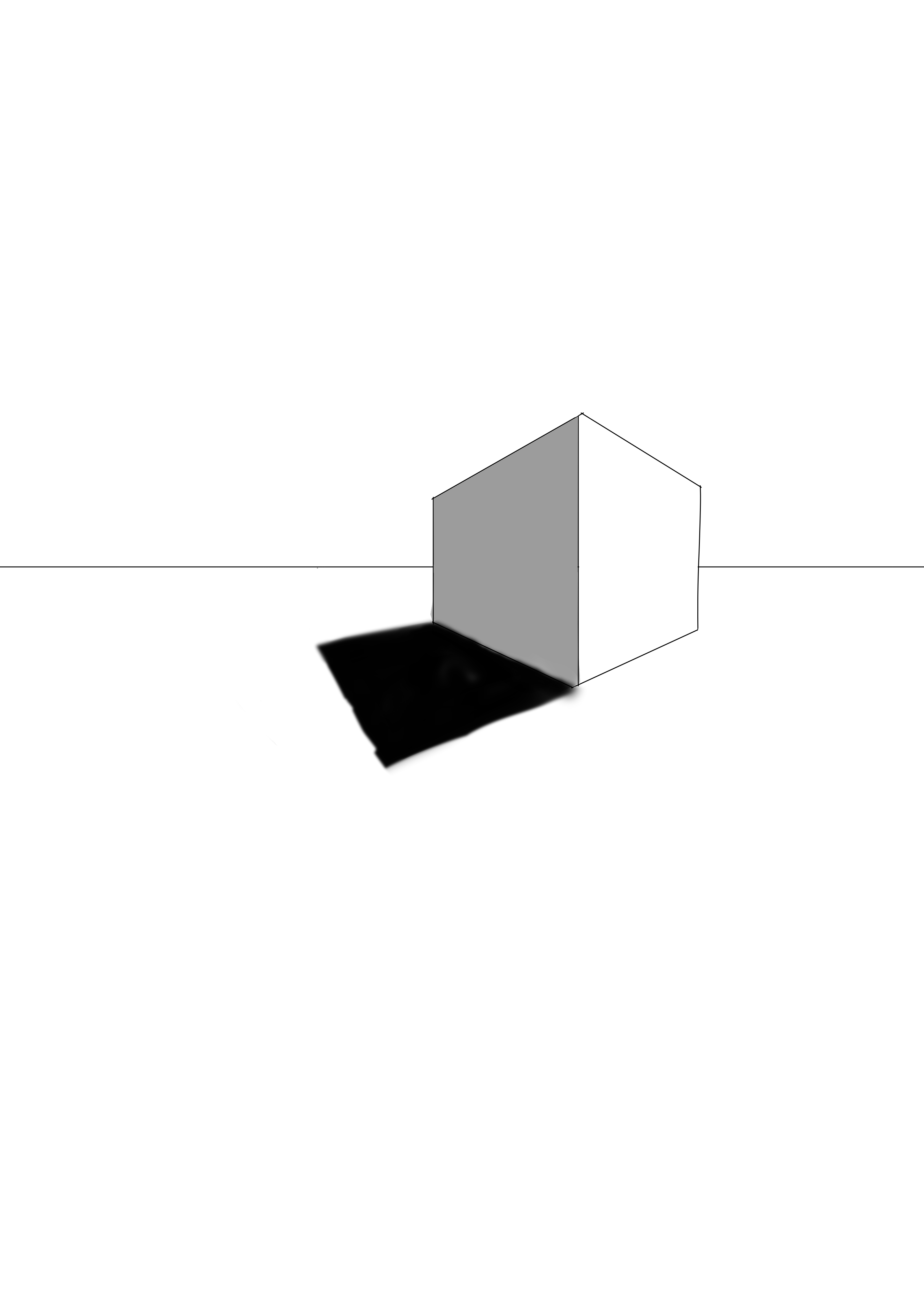 Um cubo em perspectiva com dois pontos de fuga e sombreamento