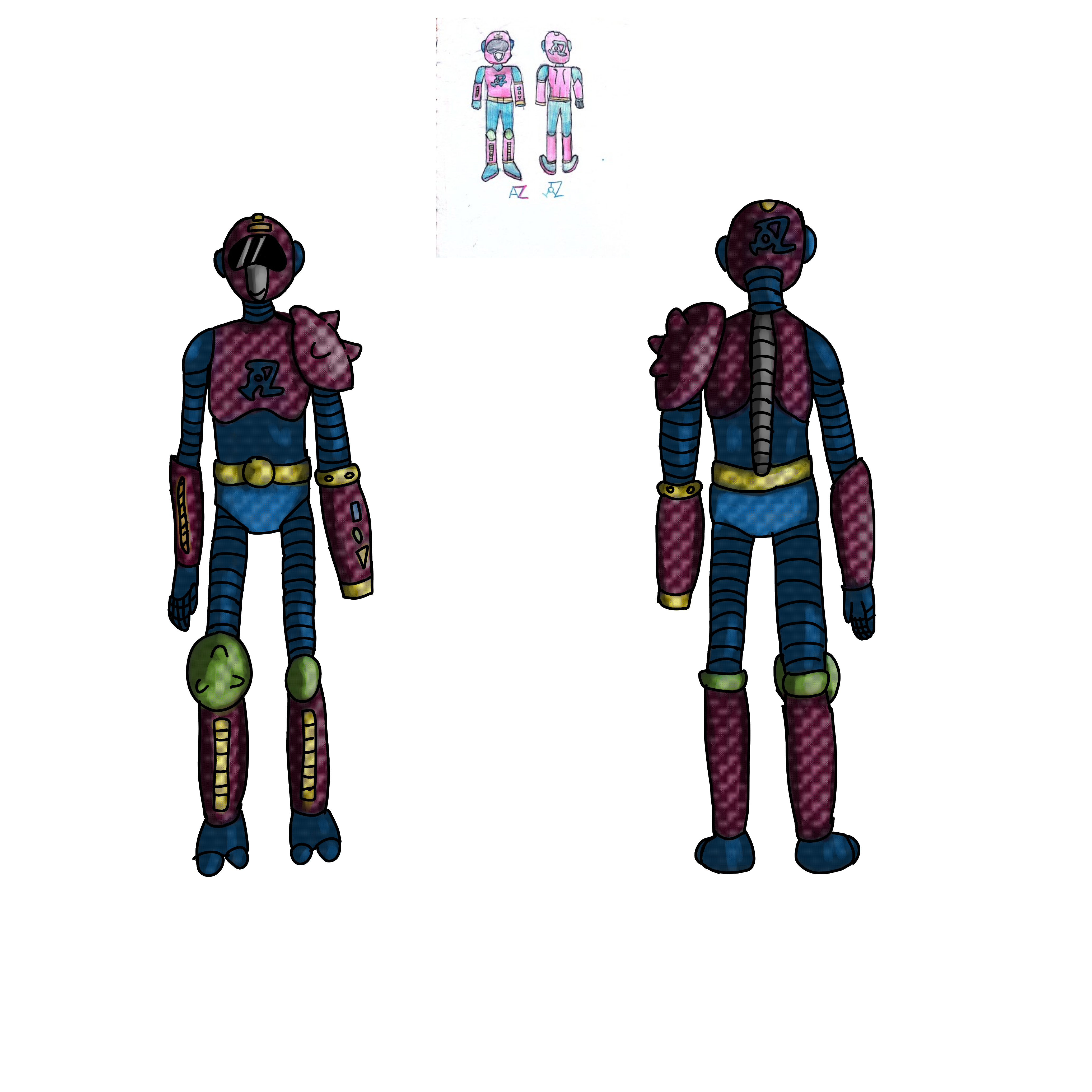 ficha de modelo de um robô de combate surrado em arte digital. frente verso.