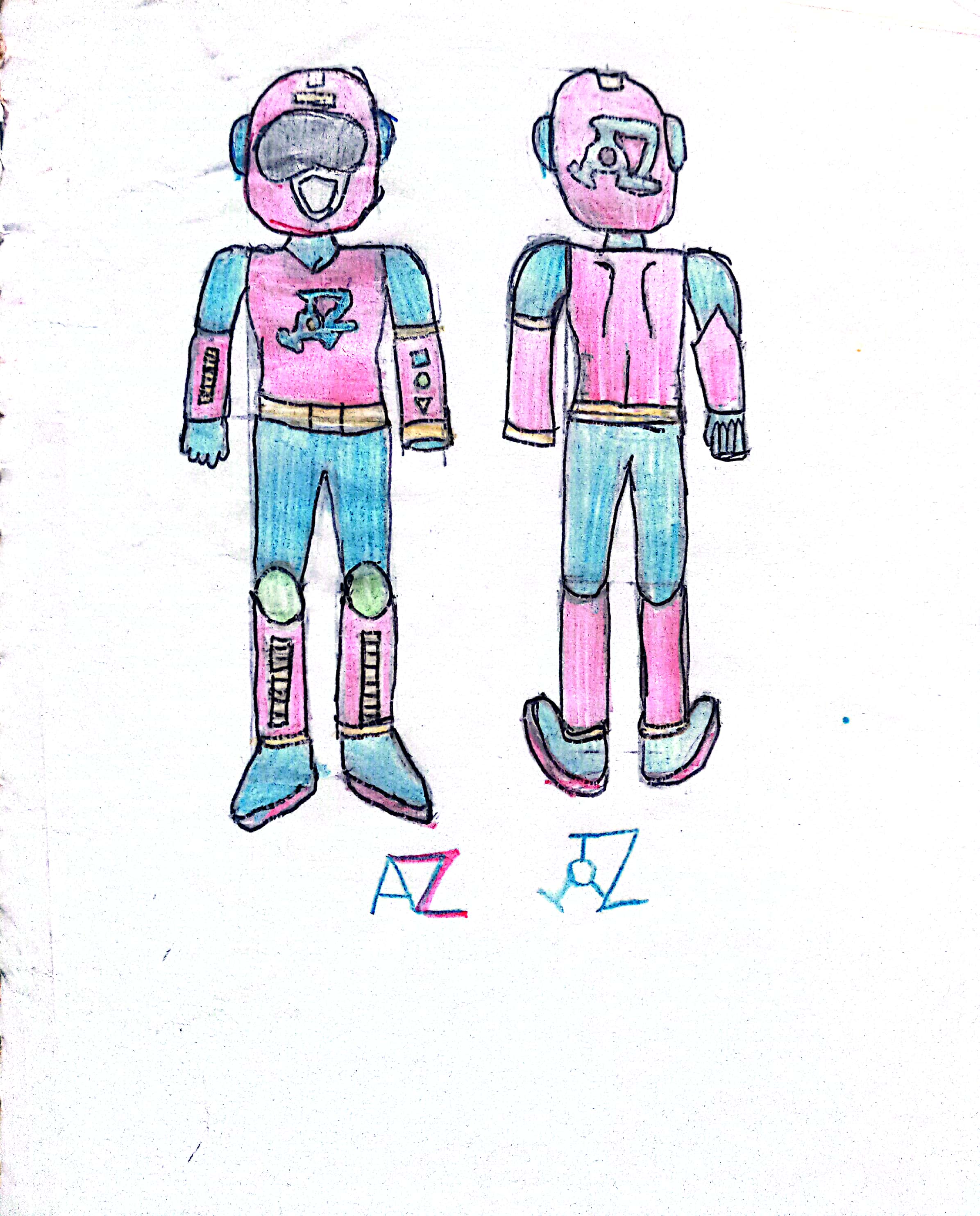 ficha de modelo de um robô estilo power ranger feito por eu criança. frente verso.